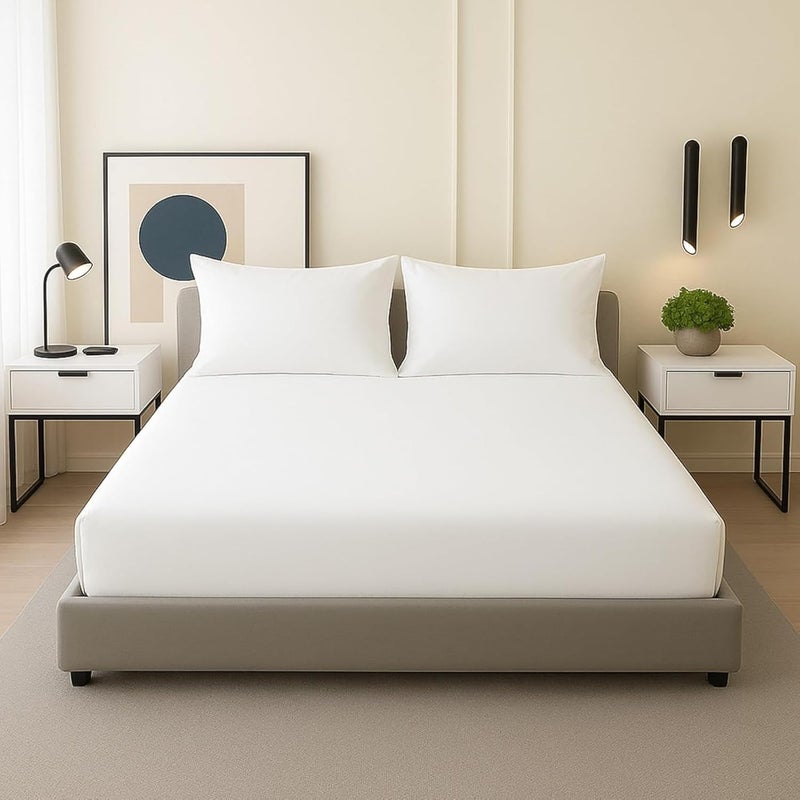 FOAM CRAFT 3 Piece Fitted Sheet Set - Queen Size Fitted Bed Sheet & 2 Pillow Shams, 100% Cotton, 300TC, Deep Pockets, White - Image 1