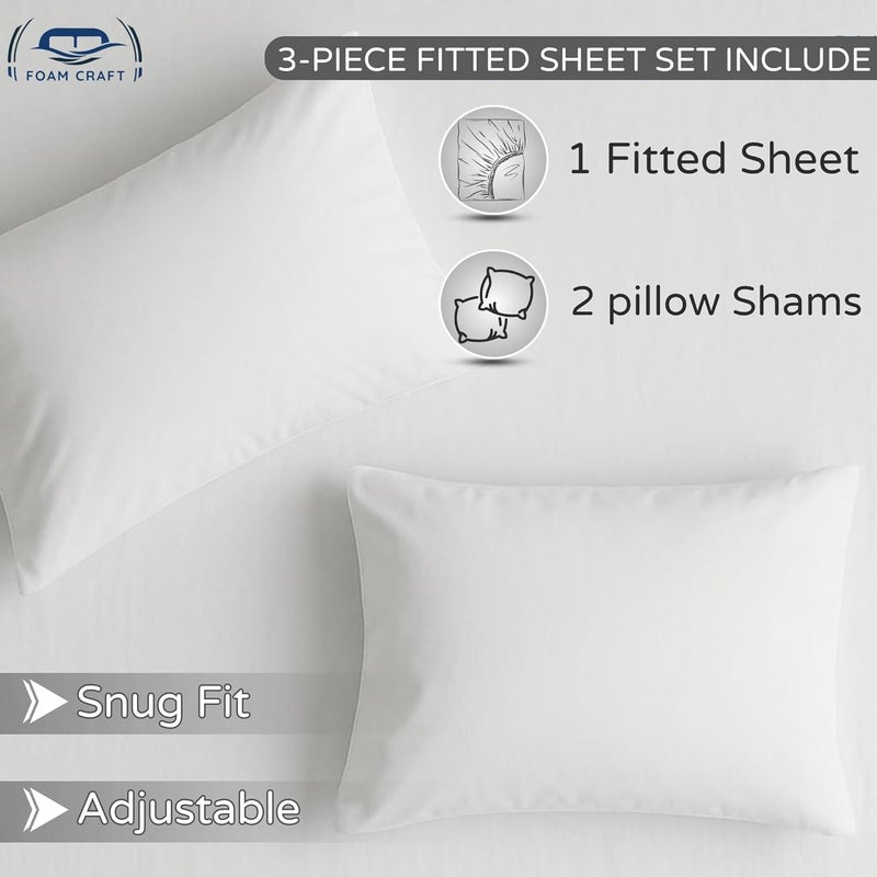 FOAM CRAFT 3 Piece Fitted Sheet Set - Queen Size Fitted Bed Sheet & 2 Pillow Shams, 100% Cotton, 300TC, Deep Pockets, White - Image 5
