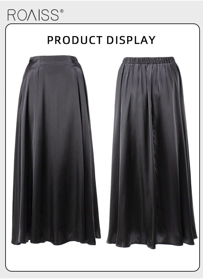 roaiss - Satin High Waist Skirt for Women Soft and Comfy Loose Draped Large Hem A-Line Skirt Ladies Elegant High-Waisted Long Skirt for Ladies Elegant Temperament Casual Outfit - Image 1