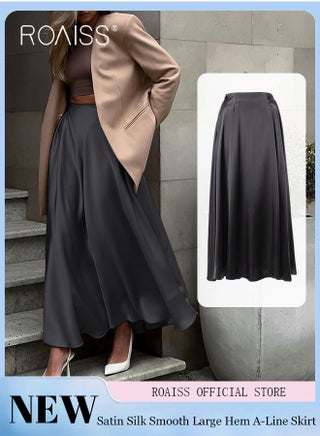 Satin High Waist Skirt for Women Soft and Comfy Loose Draped Large Hem A-Line Skirt Ladies Elegant High-Waisted Long Skirt for Ladies Elegant Temperament Casual Outfit - view 2