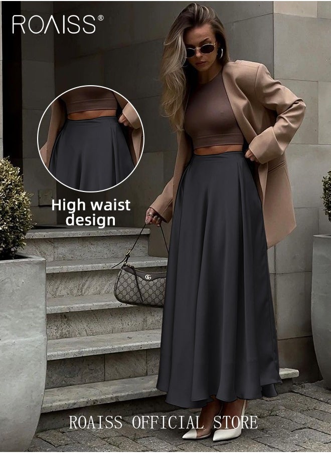 roaiss - Satin High Waist Skirt for Women Soft and Comfy Loose Draped Large Hem A-Line Skirt Ladies Elegant High-Waisted Long Skirt for Ladies Elegant Temperament Casual Outfit - Image 1