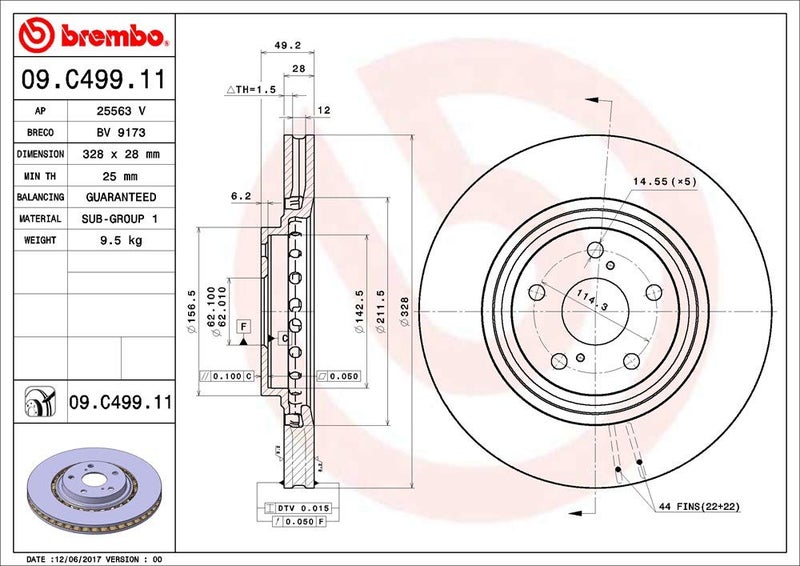 Brembo 09.C499.11 UV Coated vented Front Brake Rotor LEXUS/TOYOTA/TOYOTA (GAC) OE# 4351248110 - Image 2