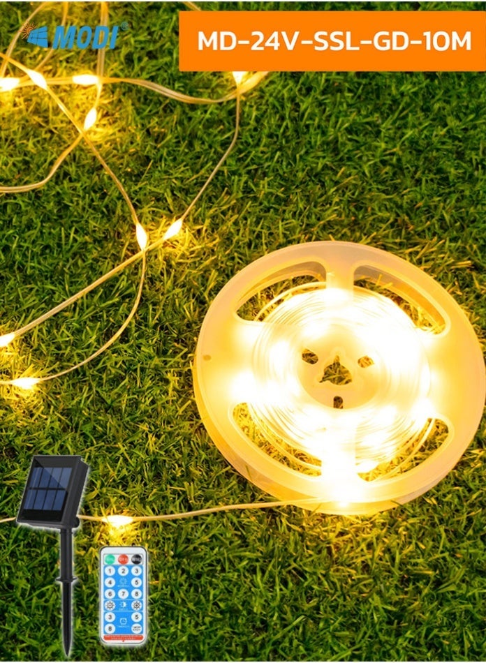 مودي سلسلة مصابيح شمسية خارجية ذهبية اللون | طاقة مزدوجة (طاقة شمسية وUSB) | 8 أوضاع إضاءة مع جهاز تحكم عن بُعد ومؤقت | مقاومة للماء IP65، مصابيح زينة خرافية للفناء والحديقة والفناء وحفلات الزفاف - Image 1