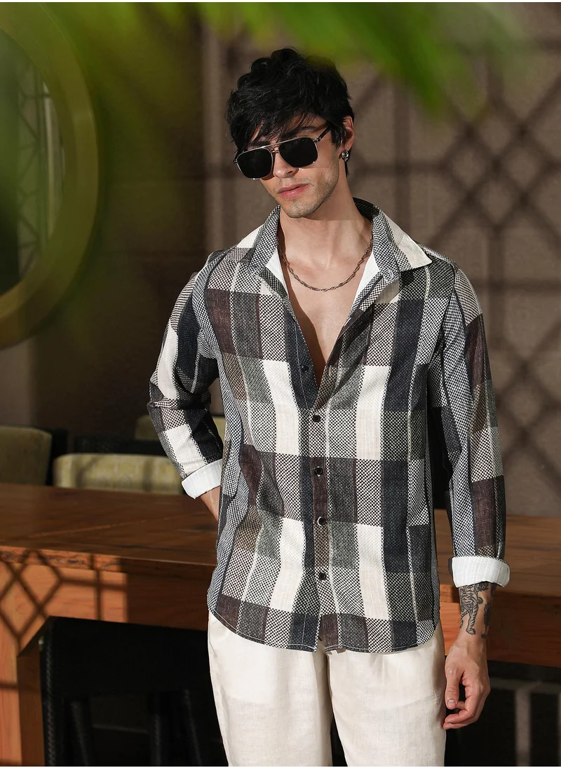كامبوس سوترا Campus Sutra Men's Multicolour Woven-Block Oversized Shirt For Casual Wear | Spread Collar | Long Sleeve | Button Closure | Oversized Shirt Crafted With Comfort Fit For Everyday Wear
