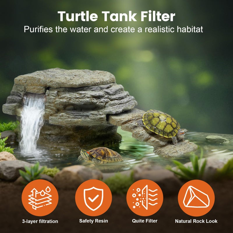 MIXJOY 130GPH Turtle Tank Filter, Ultra-Quiet Turtle Filter with Turtle Basking Platform, Detachable Bridge for Climbing&Diving, Adjustable Flow, Multi-Layer Filtration, Filter for Turtle Tank, Decor - Image 2