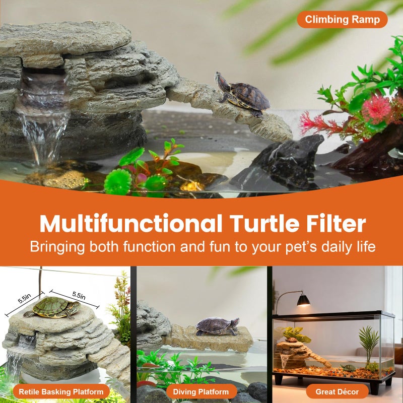 MIXJOY 130GPH Turtle Tank Filter, Ultra-Quiet Turtle Filter with Turtle Basking Platform, Detachable Bridge for Climbing&Diving, Adjustable Flow, Multi-Layer Filtration, Filter for Turtle Tank, Decor - Image 5