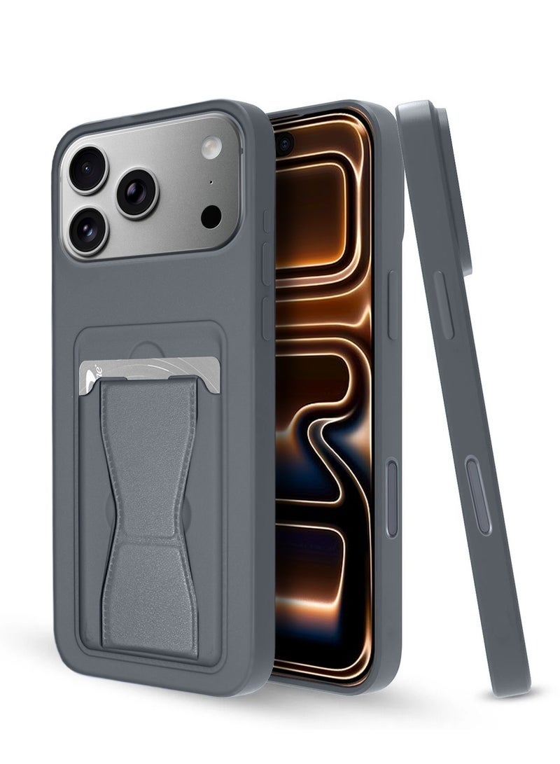ELTRAZONE iPhone 17 Pro 5G 2025 Silicone TPU Case with Card Holder & Hand Grip | Slim Shockproof Wallet Cover with Kickstand Stand & Secure Grip Strap (MCHPSN) - Dark Grey - Image 1