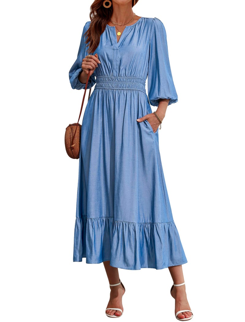 Eddoyee Women's Casual Maxi Dress with Pockets V Neck Midi Dresses Elbow Sleeve Elastic Waist Tiered Trendy Summer Outfits 2026 (Light Blue, Medium) - Image 1