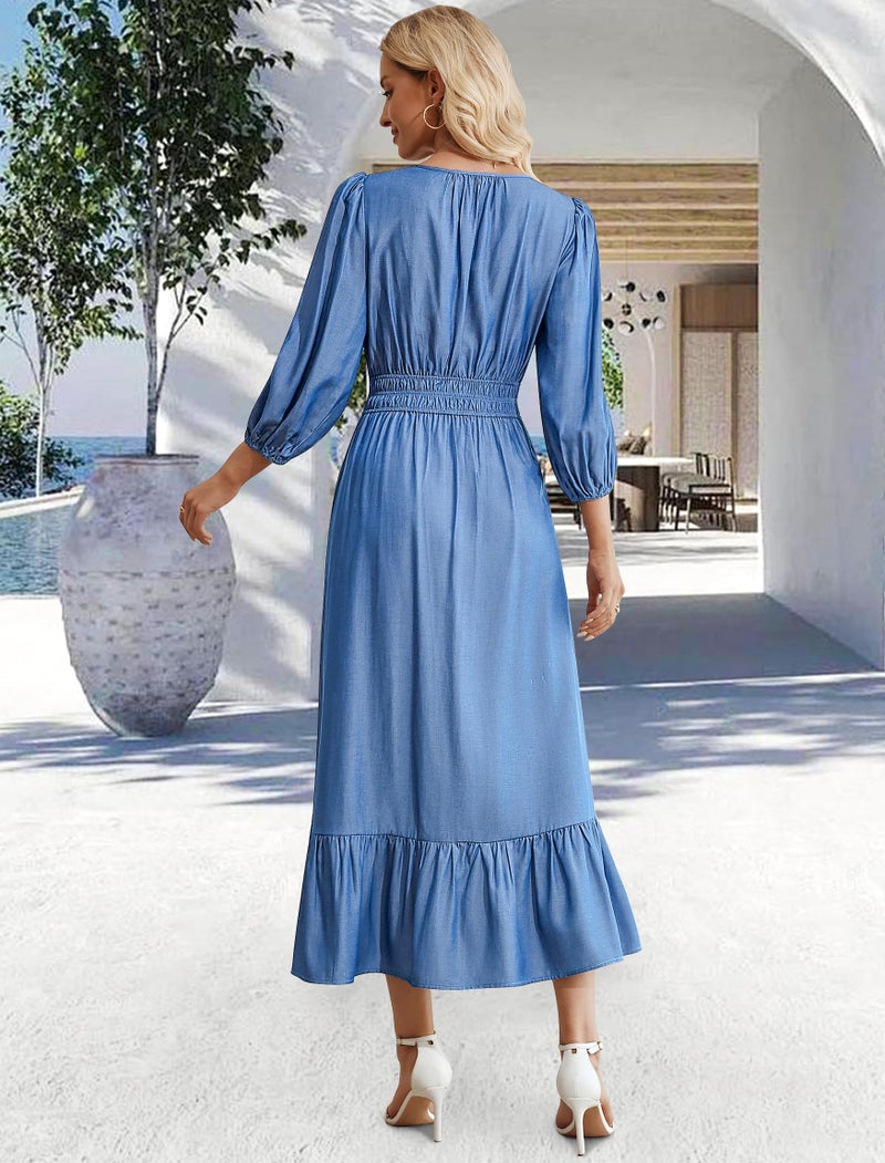 Eddoyee Women's Casual Maxi Dress with Pockets V Neck Midi Dresses Elbow Sleeve Elastic Waist Tiered Trendy Summer Outfits 2026 (Light Blue, Medium) - Image 3