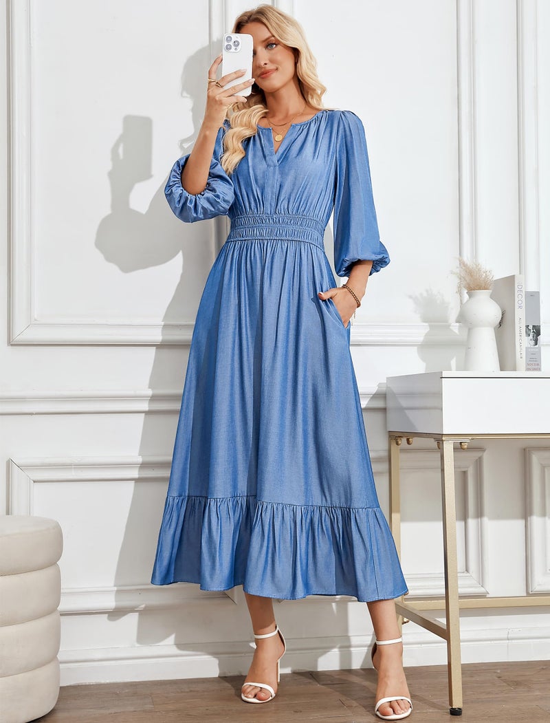 Eddoyee Women's Casual Maxi Dress with Pockets V Neck Midi Dresses Elbow Sleeve Elastic Waist Tiered Trendy Summer Outfits 2026 (Light Blue, Medium) - Image 5