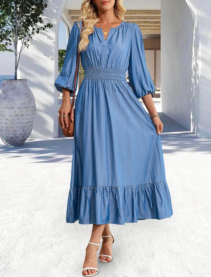 Eddoyee Women's Casual Maxi Dress with Pockets V Neck Midi Dresses Elbow Sleeve Elastic Waist Tiered Trendy Summer Outfits 2026 (Light Blue, Medium) - Image 2