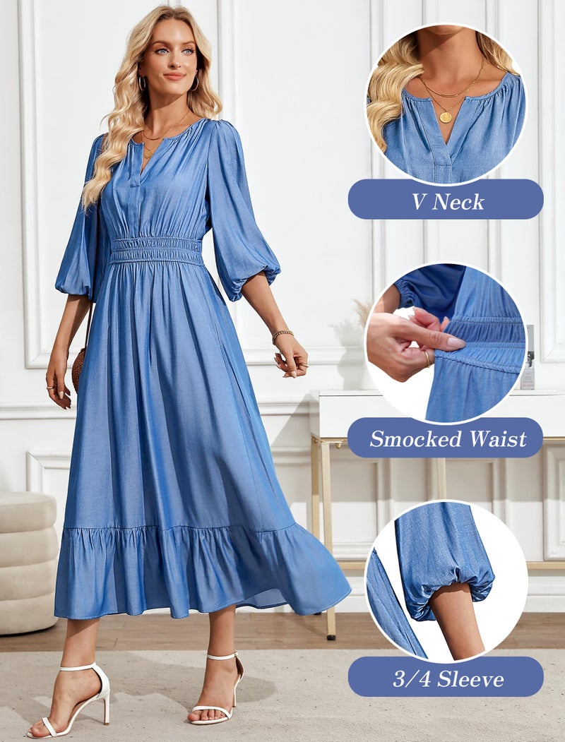 Eddoyee Women's Casual Maxi Dress with Pockets V Neck Midi Dresses Elbow Sleeve Elastic Waist Tiered Trendy Summer Outfits 2026 (Light Blue, Medium) - Image 4