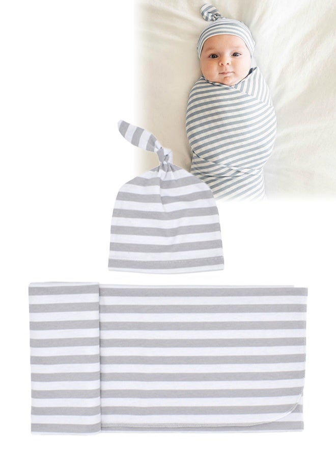 Baby Swaddle Blanket Wrap Cap, Baby Swaddle And Quilt Set, Breathable Soft Silky Stretchy Cotton & Bamboo Stripe Pattern, Swaddling Blanket For Preemie Newborn Boys Girls - Image 1
