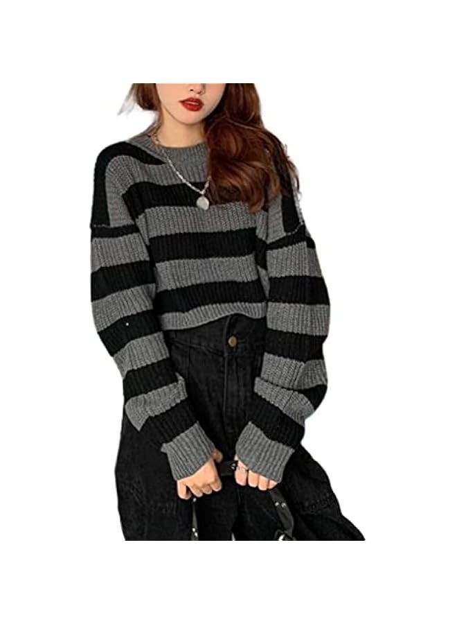 Sweet and spicy striped contrast retro sweater women's autumn and winter short outer wear knitted top ins trend - Image 1