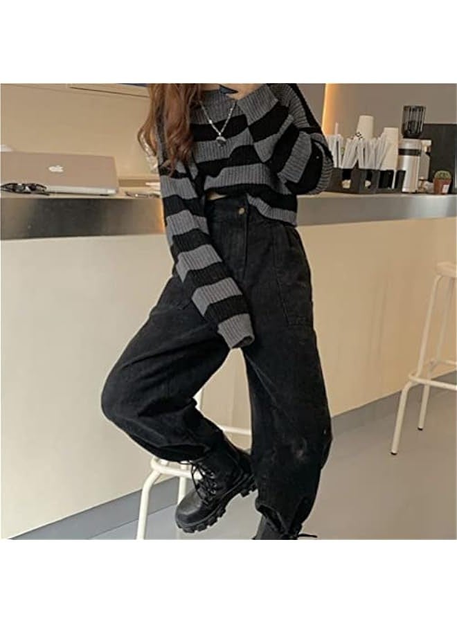 Sweet and spicy striped contrast retro sweater women's autumn and winter short outer wear knitted top ins trend - Image 2