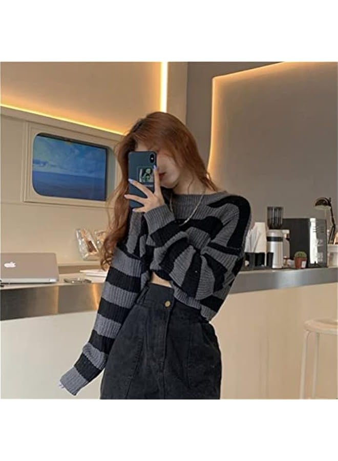 Sweet and spicy striped contrast retro sweater women's autumn and winter short outer wear knitted top ins trend - Image 3