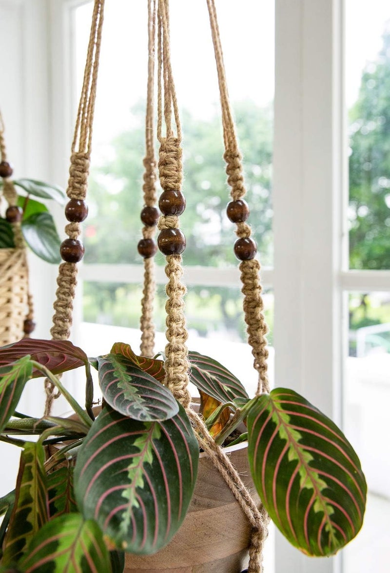 Mkono Macrame Plant Hanger Indoor Jute Hanging Planter Basket with Wood Beads Decorative Flower Pot Holder No Tassels for Indoor Outdoor Boho Home Decor 35 Inch, Brown, Set of 2 (POTS NOT Included) - Image 5