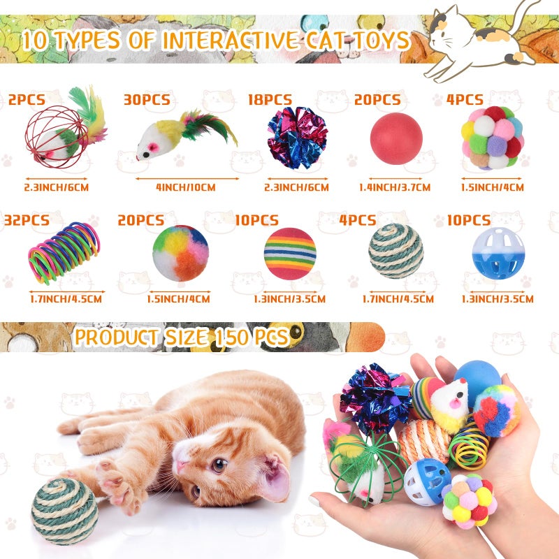 Shappy 150 Pcs Cat Toys Bulk Kitten Toys Pack Variety Funny Interactive Gift Including Mice Rainbow Balls Spring Crinkle Balls for Indoor Cat Kitty Kitten(Classic) - Image 2