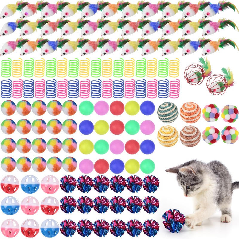 Shappy 150 Pcs Cat Toys Bulk Kitten Toys Pack Variety Funny Interactive Gift Including Mice Rainbow Balls Spring Crinkle Balls for Indoor Cat Kitty Kitten(Classic) - Image 1