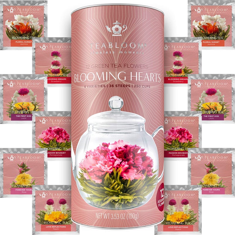 Teabloom Heart-Shaped Flowering Teas â€“ 12 Assorted Blooming Tea Flowers â€“ Green Tea + Jasmine, Pomegranate, Strawberry, Rose, Litchi & Peach - Image 1