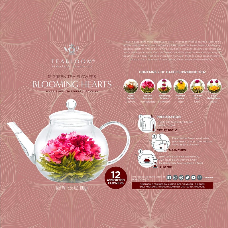 Teabloom Heart-Shaped Flowering Teas â€“ 12 Assorted Blooming Tea Flowers â€“ Green Tea + Jasmine, Pomegranate, Strawberry, Rose, Litchi & Peach - Image 3