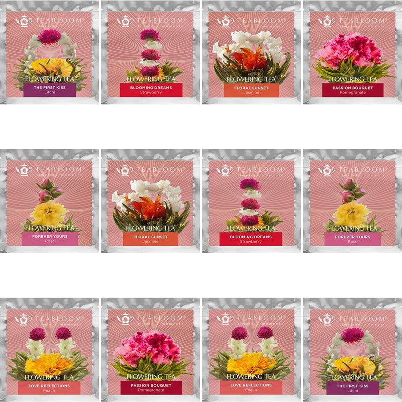 Teabloom Heart-Shaped Flowering Teas â€“ 12 Assorted Blooming Tea Flowers â€“ Green Tea + Jasmine, Pomegranate, Strawberry, Rose, Litchi & Peach - Image 2