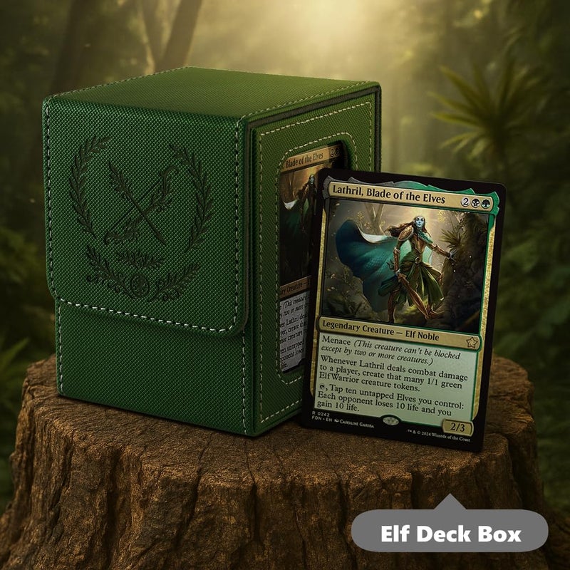 Venssu Mtg Deck Box With Commander Display  Elf Card Deck Case Fits 100 Double Sleeved Cards  Tcg Card Storage Box With 2 Dividers And 1 Toploader (Green And Grey) - Image 3