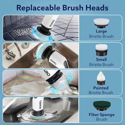 AGARO Royal Electric Spin Scrubber, Cleaning Brush Scrubber for Home, 400RPM/Min, 8 Replaceable Brush Heads, 90 Min Work Time, 3 Adjustable Size, 2 Adjustable Speeds, for Bathroom, Floor Tiles, White - Image 3