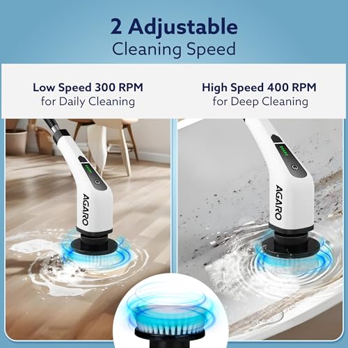 AGARO Royal Electric Spin Scrubber, Cleaning Brush Scrubber for Home, 400RPM/Min, 8 Replaceable Brush Heads, 90 Min Work Time, 3 Adjustable Size, 2 Adjustable Speeds, for Bathroom, Floor Tiles, White - Image 2