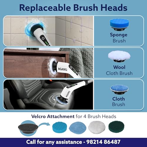 AGARO Royal Electric Spin Scrubber, Cleaning Brush Scrubber for Home, 400RPM/Min, 8 Replaceable Brush Heads, 90 Min Work Time, 3 Adjustable Size, 2 Adjustable Speeds, for Bathroom, Floor Tiles, White - Image 4
