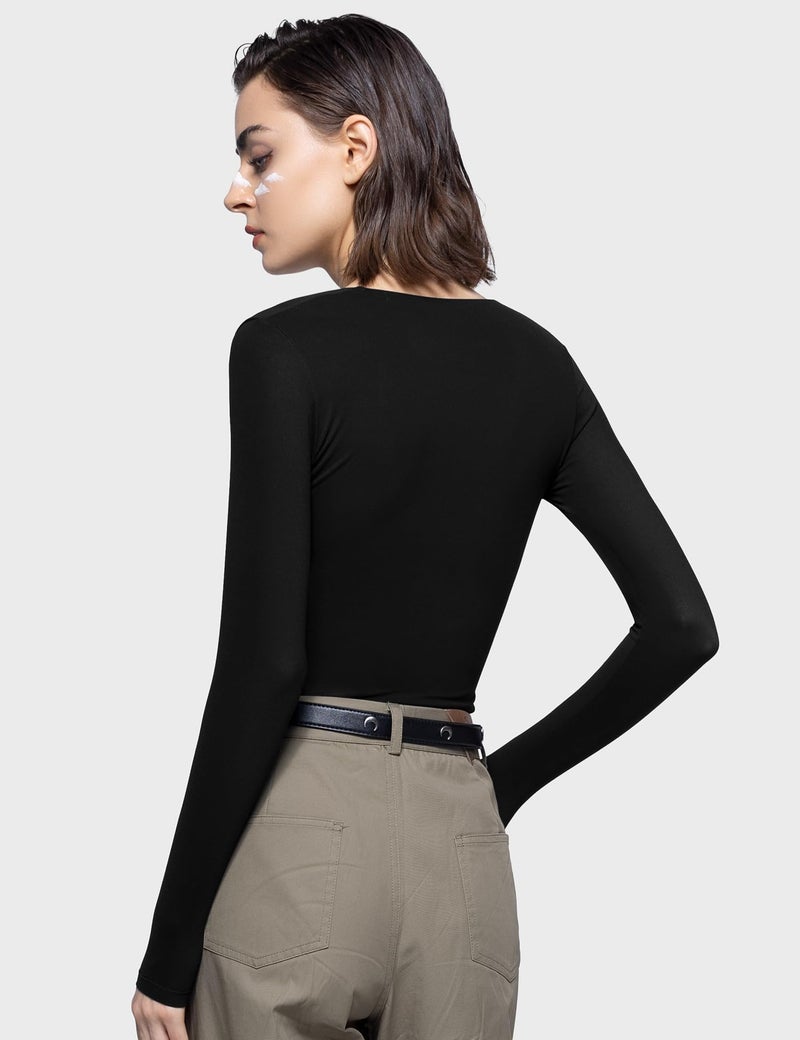 PUMIEY Long Sleeve Shirts for Women Dupes T Shirts Womens Fashion Going Out Tops Fall Outfits Basic Tee, Jet Black, X-Small - Image 4