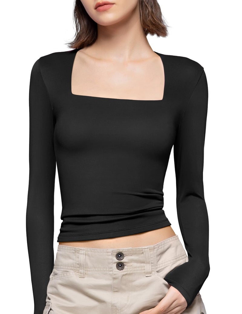 PUMIEY Long Sleeve Shirts for Women Dupes T Shirts Womens Fashion Going Out Tops Fall Outfits Basic Tee, Jet Black, X-Small - Image 1