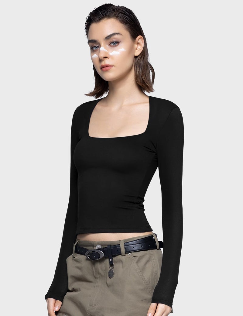 PUMIEY Long Sleeve Shirts for Women Dupes T Shirts Womens Fashion Going Out Tops Fall Outfits Basic Tee, Jet Black, X-Small - Image 5