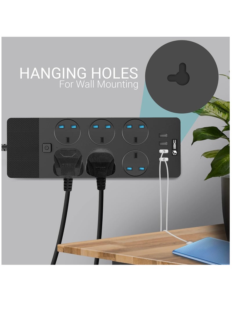 Extension Lead 2M/6.5FT, with 4 (2.1A) USB Slots, 6 Gang Electrical Sockets & Built-in Fuse, Surge & Shutter Protected Wall Mount Extension Cable, Black - Image 3