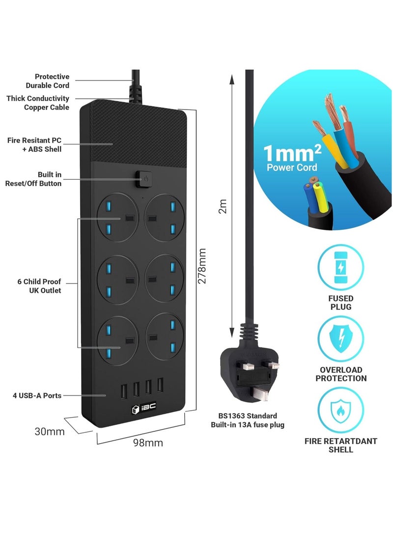 Extension Lead 2M/6.5FT, with 4 (2.1A) USB Slots, 6 Gang Electrical Sockets & Built-in Fuse, Surge & Shutter Protected Wall Mount Extension Cable, Black - Image 2