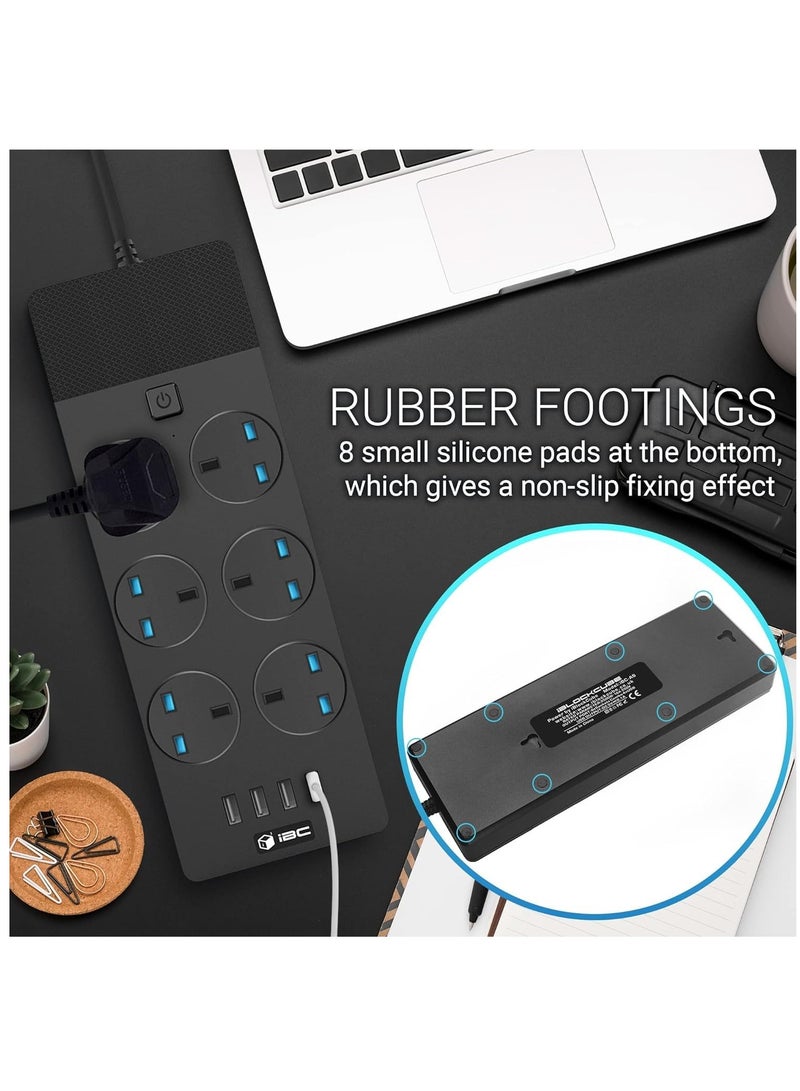 Extension Lead 2M/6.5FT, with 4 (2.1A) USB Slots, 6 Gang Electrical Sockets & Built-in Fuse, Surge & Shutter Protected Wall Mount Extension Cable, Black - Image 5