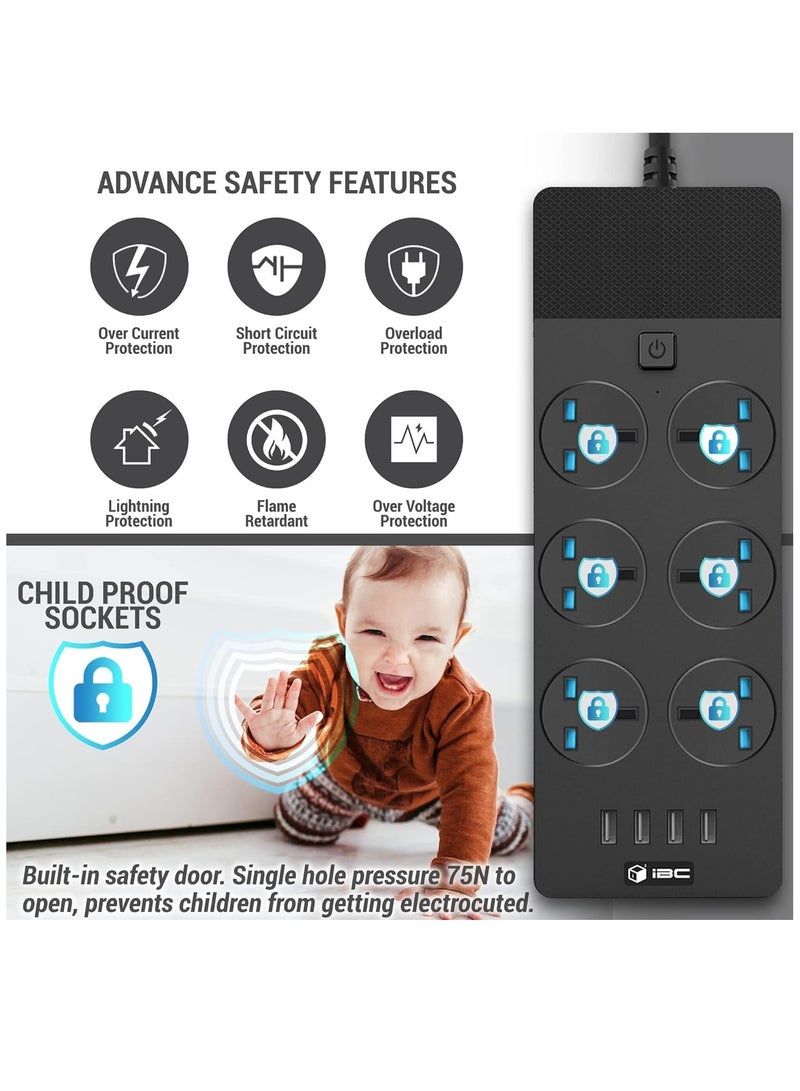 Extension Lead 2M/6.5FT, with 4 (2.1A) USB Slots, 6 Gang Electrical Sockets & Built-in Fuse, Surge & Shutter Protected Wall Mount Extension Cable, Black - Image 4