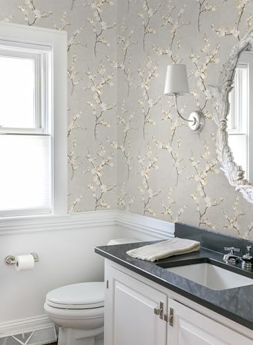 Guvana Peel and Stick Wallpaper Floral Contact Paper Modern Removable Waterproof Wall Paper for Bathroom Bedroom Laundry Room Decor Vintage Grey Yellow Flower Farmhouse Wallpaper Vinyl Roll 17.3×78.7" - Image 2