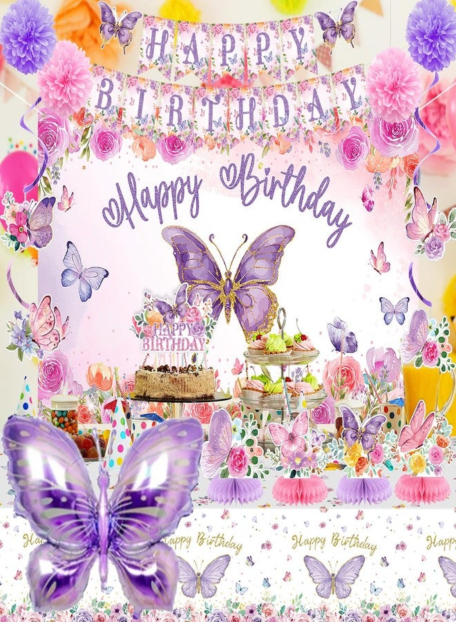 Roetyce Butterfly Decorations, 37PCS Happy Birthday Banner Balloons Honeycomb Centerpieces Cake Topper Kit, Purple and Pink Party Decorations - Image 4