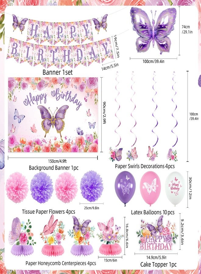 Roetyce Butterfly Decorations, 37PCS Happy Birthday Banner Balloons Honeycomb Centerpieces Cake Topper Kit, Purple and Pink Party Decorations - Image 2