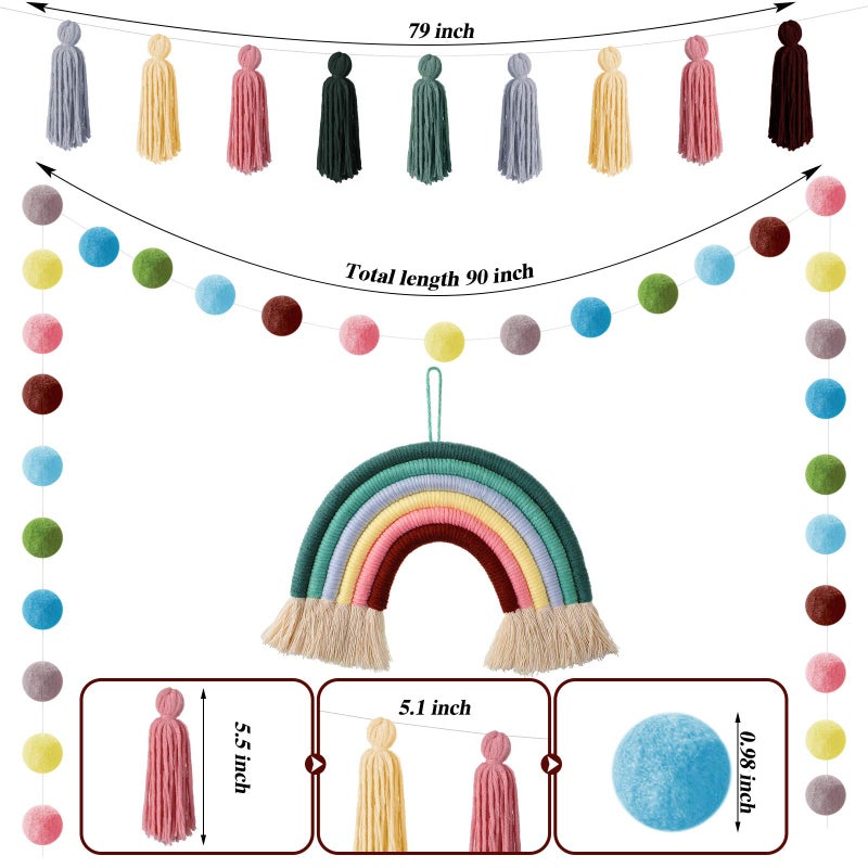 Boao 3 Pcs Pom Pom Garland Boho Rainbow Macrame Wall Hanging Rainbow Tassel Banner Garland Cotton Ball Decor for Home Party Shower Supplies(Soft Rainbow Colors) - Image 3