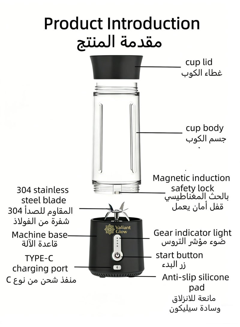 توهج شجاع خلاط محمول سعة 500 مل، خلاط للعصائر (سموذي)، عصارة وخلاط محمول، قابل لإعادة الشحن عبر USB، خلاط صغير الحجم، مزود بـ 6 شفرات عالية السرعة - مثالي للمكتب، الصالة الرياضية، الأنشطة الخارجية، المنزل، السفر، وتحضير طعام الأطفال – اللون الأسود. - Image 5