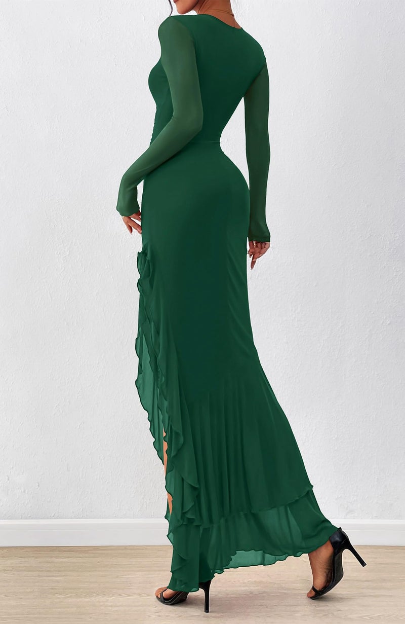 BTFBM Women's Maxi Dresses Spring 2026 Long Sleeve Ruched Bodycon Solid Ruffle Mermaid Cocktail Wedding Guest Dress(Dark Green,Large) - Image 3