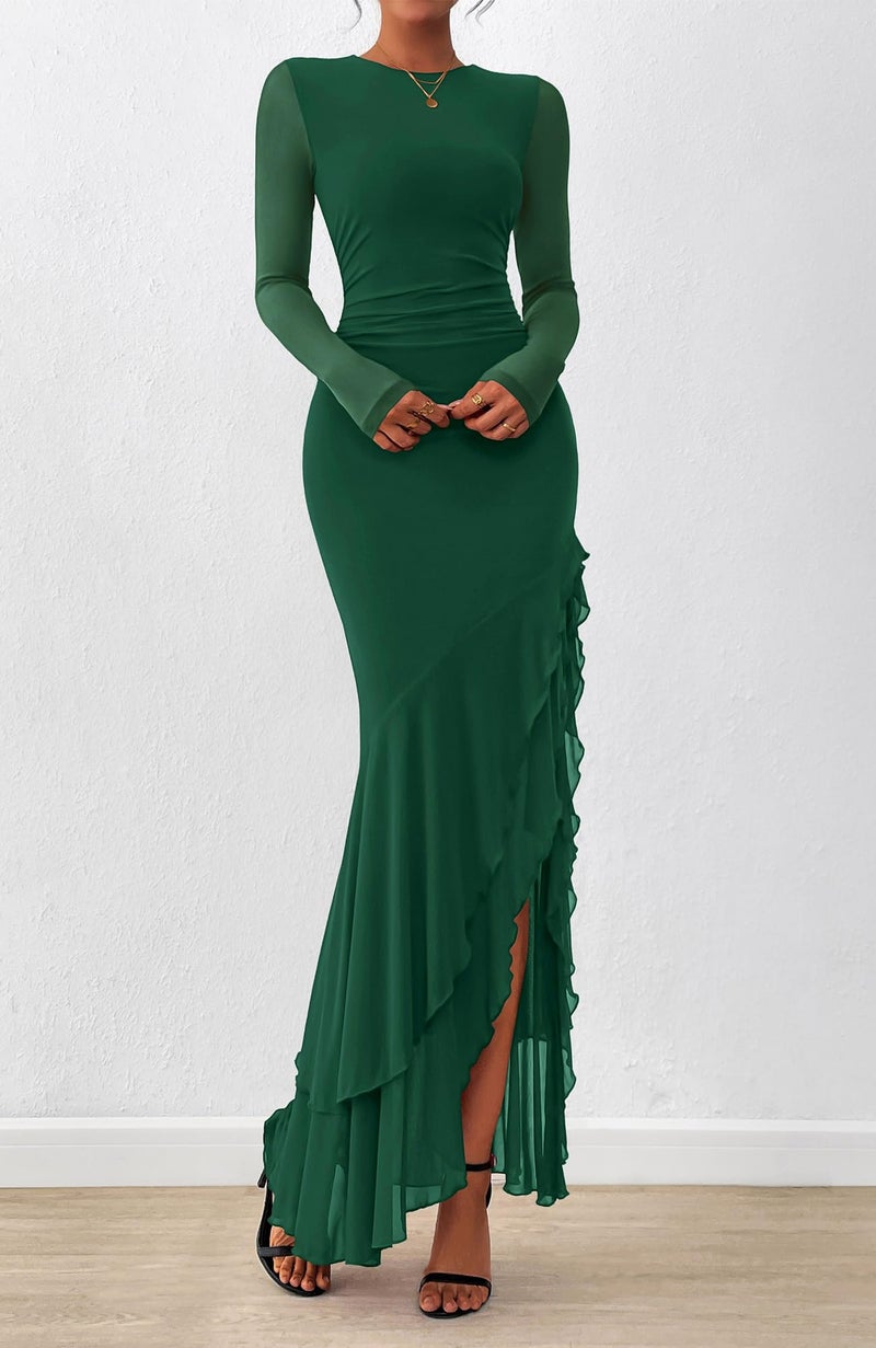 BTFBM Women's Maxi Dresses Spring 2026 Long Sleeve Ruched Bodycon Solid Ruffle Mermaid Cocktail Wedding Guest Dress(Dark Green,Large) - Image 5