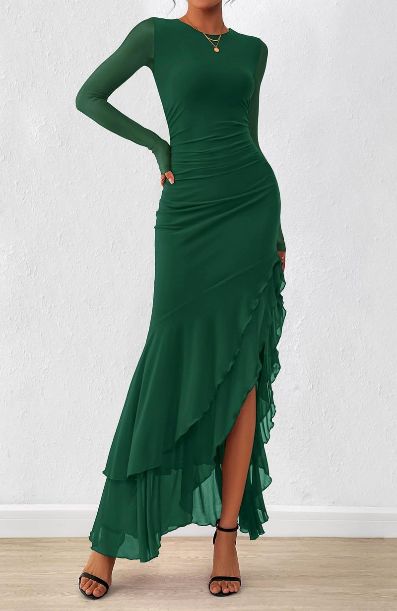 BTFBM Women's Maxi Dresses Spring 2026 Long Sleeve Ruched Bodycon Solid Ruffle Mermaid Cocktail Wedding Guest Dress(Dark Green,Large) - Image 4