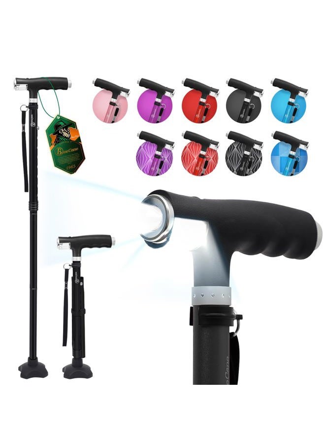 BeneCane Walking Cane for Women Folding Cane for Men with Two Led Lights Quad Cane with Stable Base Lightweight and Adjustable Walking Stick. (Black) - Image 1