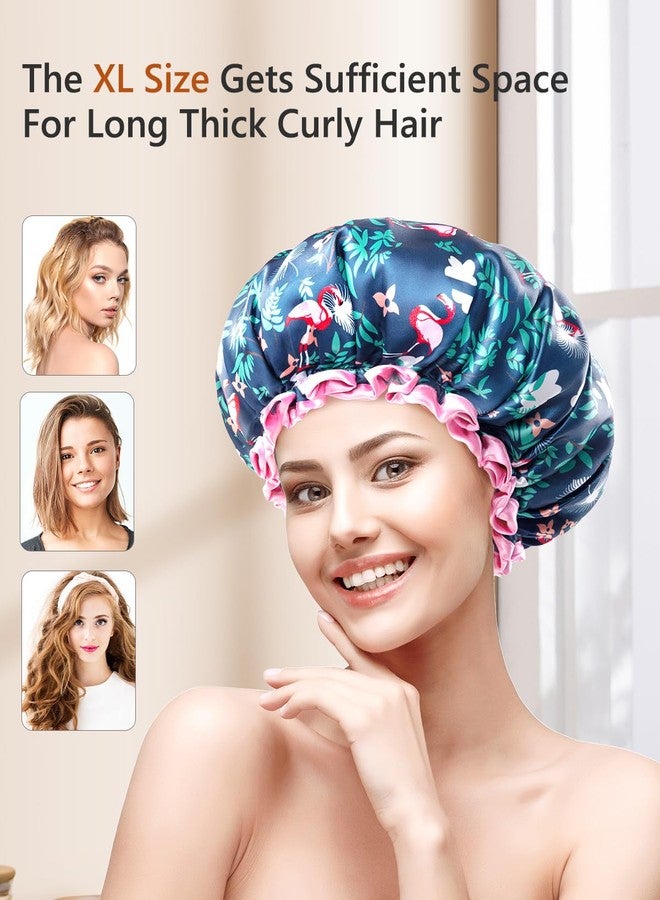 mikimini Large Shower Cap for Women Long Hair, Flamingo Shower Caps with Pink Lace, Double-layer Waterproof, Reusable, Washable,X-Large (Pack of 1) - Image 5