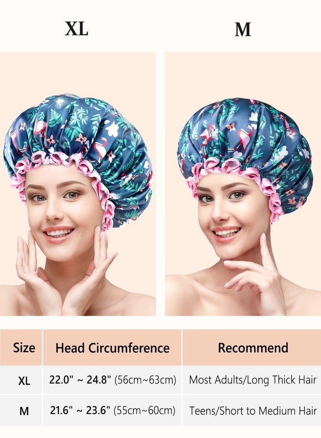 mikimini Large Shower Cap for Women Long Hair, Flamingo Shower Caps with Pink Lace, Double-layer Waterproof, Reusable, Washable,X-Large (Pack of 1) - Image 2