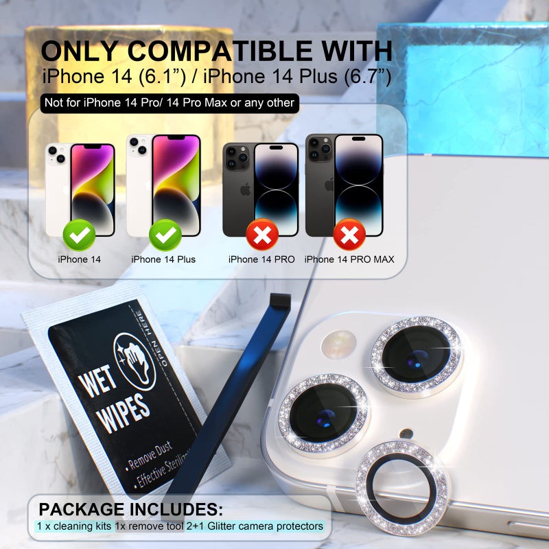 Choiche Compatible for iPhone 14 /iPhone 14 Plus Camera Lens Protector Bling, 9H Tempered Glass Camera Cover Screen Protector Metal Ring Decoration Accessories (Glitter-Silver) - Image 2