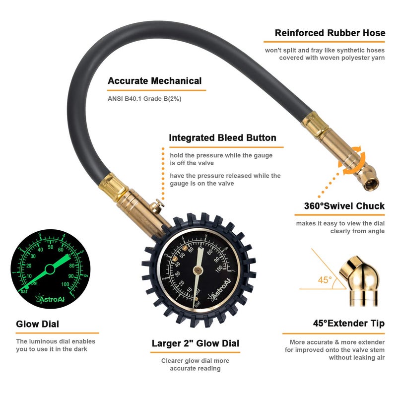 AstroAI AstroAI Heavy Duty Tire Pressure Gauge, 60 PSI Certified ANSI B40.1 Accurate with Large 2" Easy Read Glow Dial, Durable Rubber Hose and Solid Brass Construction for Car Truck Motorcycle - Image 2